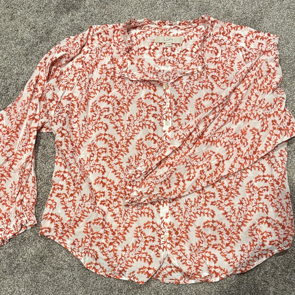 LOFT White and Orange Floral-Print Button Down Shirt
